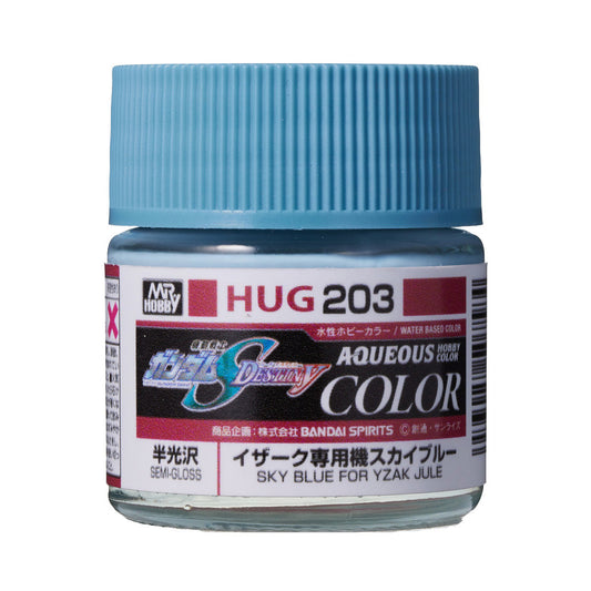 Mr. Hobby HUG203 Aqueous Gundam Color Sky Blue For Yzak Jule Model Paint by GSI Creos 10 ml paint bottle front view